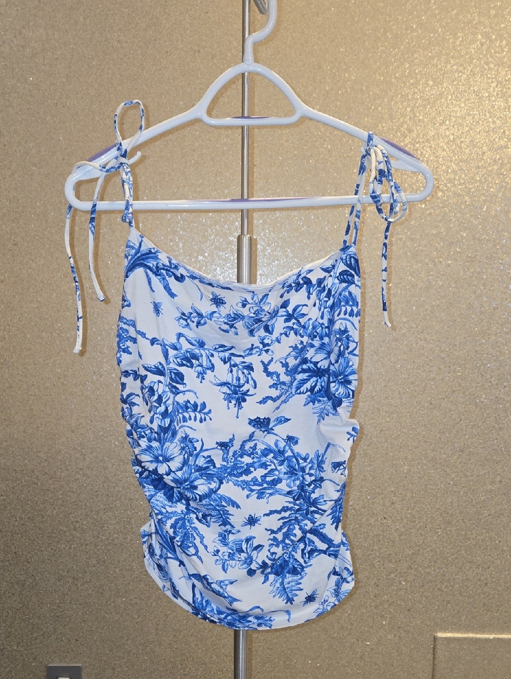 Anthropologie Blue and White Floral Tie-Strap Tank Top